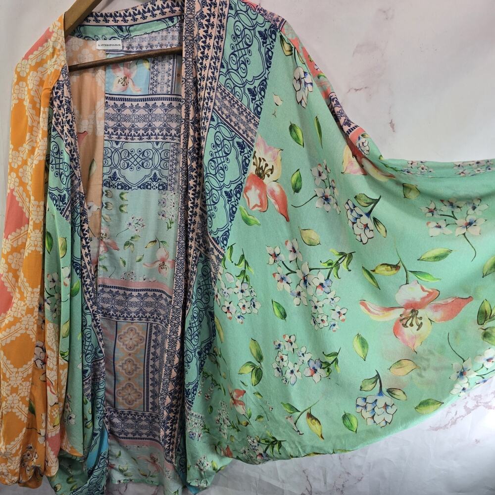 Anthropologie Kimono Womens Green Orange Topper Wrap Cardigan Rayon One Size - Picture 13 of 14